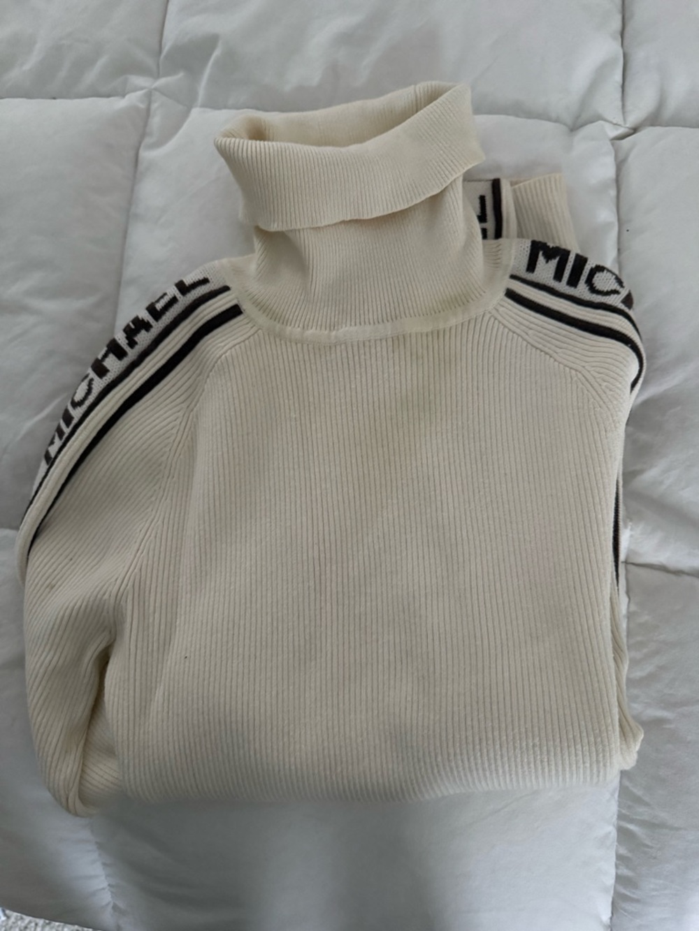 Michael Kors Cream Ribbed Turtleneck with Black Logo Band